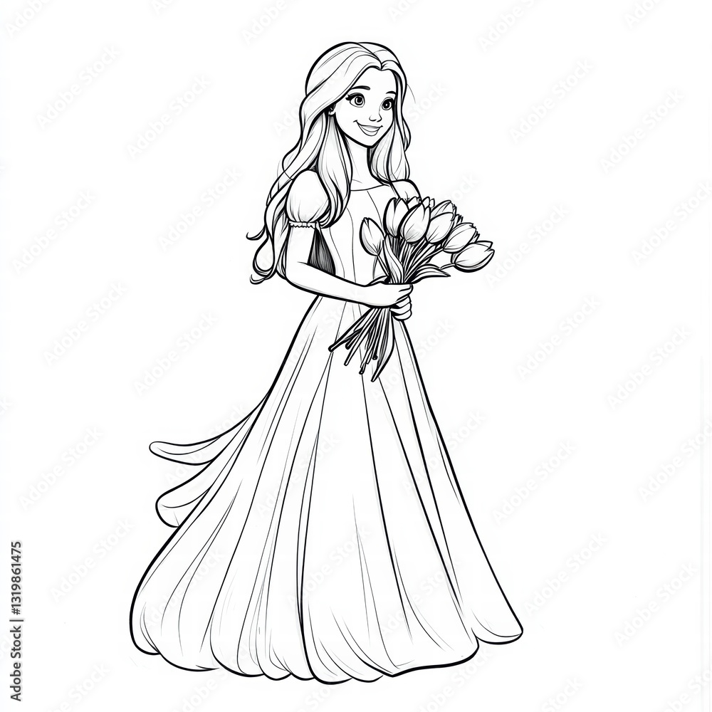 Elegant Princess with Tulips: An elegant princess figure gracefully holds a bouquet of tulips, her flowing gown and serene expression radiating beauty and charm. Elegant Princess with Tulips: An elegant princess figure gracefully holds a bouquet of tulips, her flowing gown and serene expression radiating beauty and charm.