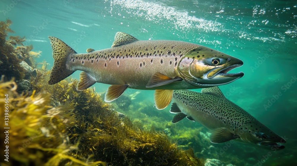 Atlantic Salmon Navigating Strong River Currents in Norway's Scenic Ryfylke Region Atlantic Salmon Navigating Strong River Currents in Norway's Scenic Ryfylke Region