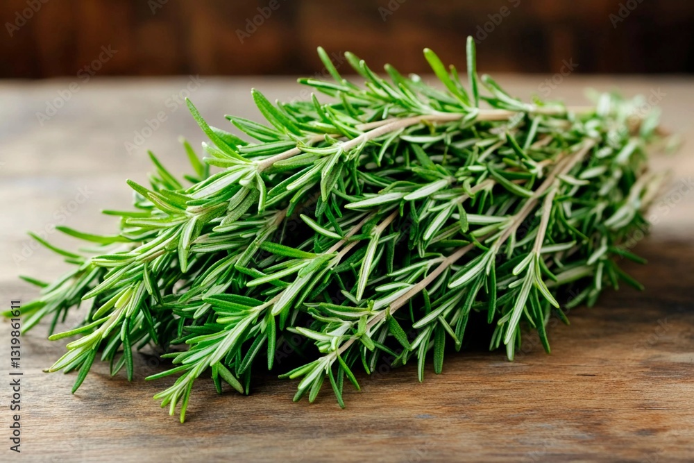 A bunch of vibrant, fresh rosemary sprigs is placed on a rustic wooden countertop. The green leaves indicate quality and freshness, ideal for culinary uses A bunch of vibrant, fresh rosemary sprigs is placed on a rustic wooden countertop. The green leaves indicate quality and freshness, ideal for culinary uses