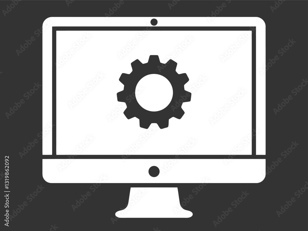 A dark gray computer monitor displays a bold black gear icon on a bright white screen. Symbolizes settings, configuration, or tech interfaces for software, apps, or operating systems. A dark gray computer monitor displays a bold black gear icon on a bright white screen. Symbolizes settings, configuration, or tech interfaces for software, apps, or operating systems.