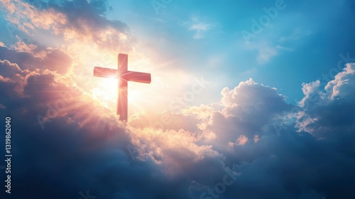 Illuminated cross emerging from clouds