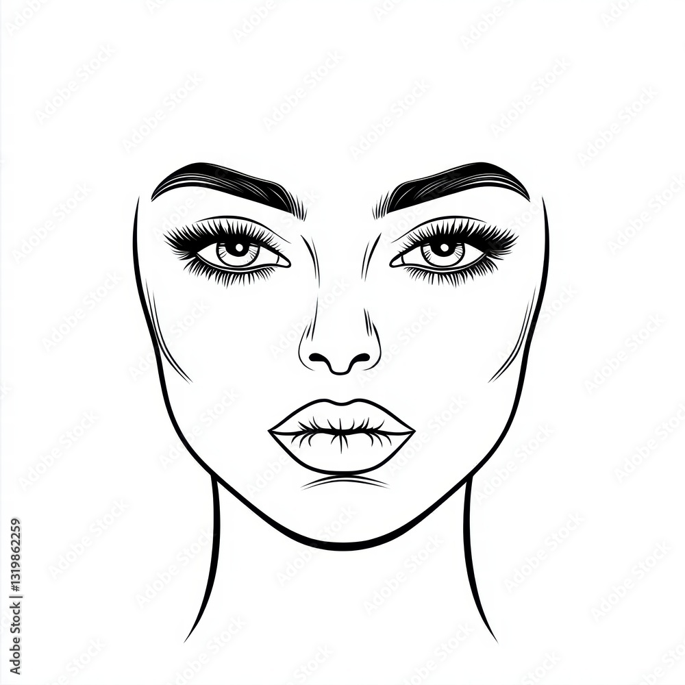 Beauty Blueprint: An artistic illustration of a woman's face, perfect for beauty and cosmetic product promotion. Focuses on the facial structure, eyelashes, eyebrows, lips and contouring details Beauty Blueprint: An artistic illustration of a woman's face, perfect for beauty and cosmetic product promotion. Focuses on the facial structure, eyelashes, eyebrows, lips and contouring details