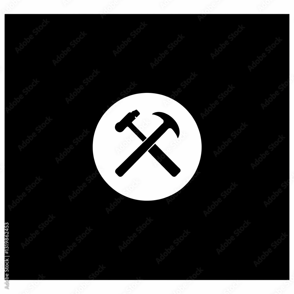 Hammer and Pick Symbol: A stark, high-contrast image of a hammer and pick crossing each other within a circular emblem. The simple, bold design suggests construction, industry, or labor. Hammer and Pick Symbol: A stark, high-contrast image of a hammer and pick crossing each other within a circular emblem. The simple, bold design suggests construction, industry, or labor.