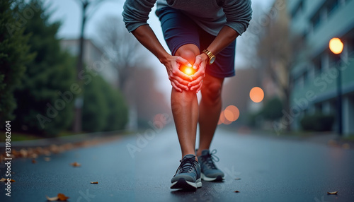 Athlete experiencing knee pain while running on a foggy street at dusk, signs of obesity, health