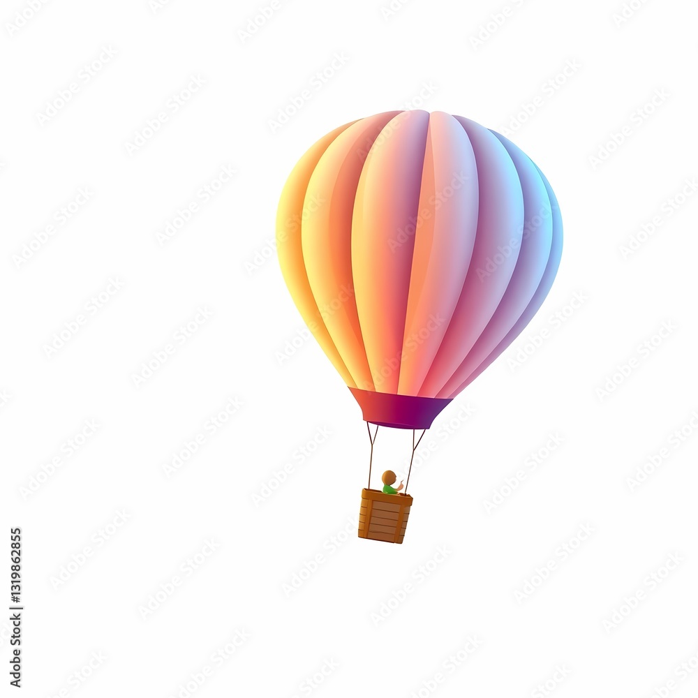 Fototapeta premium Soaring Dreams: A vibrant hot air balloon ascends against a backdrop of the dawn sky, carrying a passenger in a basket, evoking a sense of adventure and exploration.