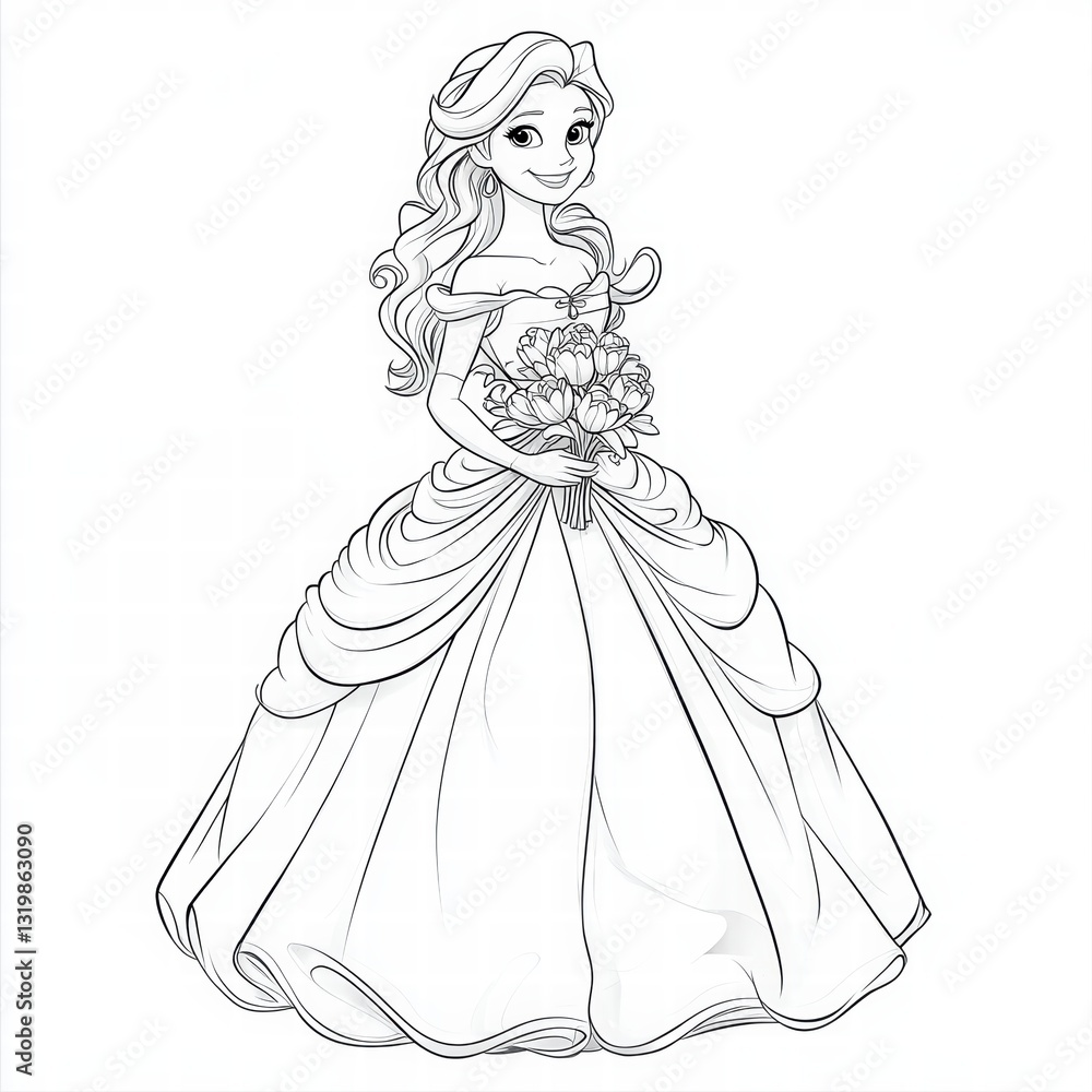 Elegant Princess Sketch with a bouquet: This enchanting line drawing captures the beauty of a princess in an elegant gown holding a bouquet of flowers, all in a classic, timeless style. Elegant Princess Sketch with a bouquet: This enchanting line drawing captures the beauty of a princess in an elegant gown holding a bouquet of flowers, all in a classic, timeless style.