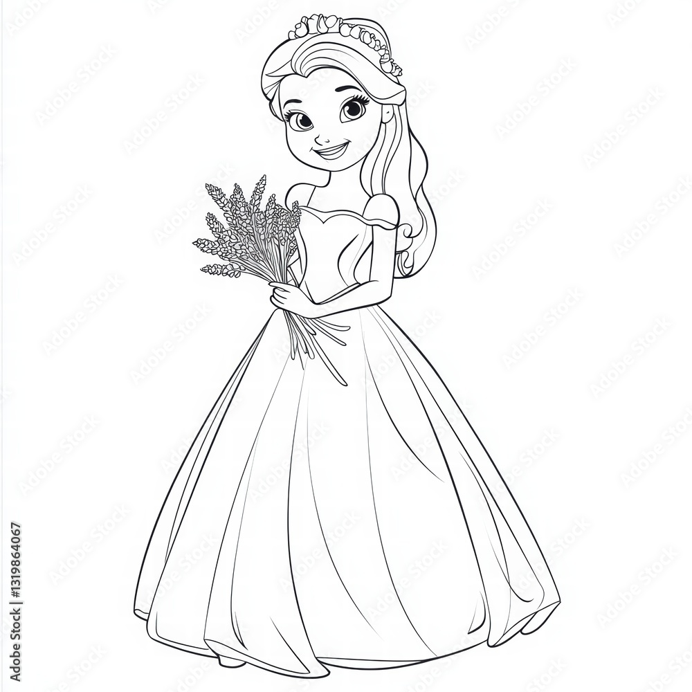 Princess's Enchanted Bouquet: a lovely princess, radiates charm in an illustration with a delightful smile and clutching a floral bouquet Princess's Enchanted Bouquet: a lovely princess, radiates charm in an illustration with a delightful smile and clutching a floral bouquet