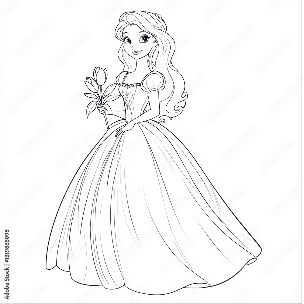 Coloring page: A stunning illustration of a beautiful princess, adorned in an elegant gown and holding a delicate flower, exuding charm, beauty and enchanting allure. Coloring page: A stunning illustration of a beautiful princess, adorned in an elegant gown and holding a delicate flower, exuding charm, beauty and enchanting allure.