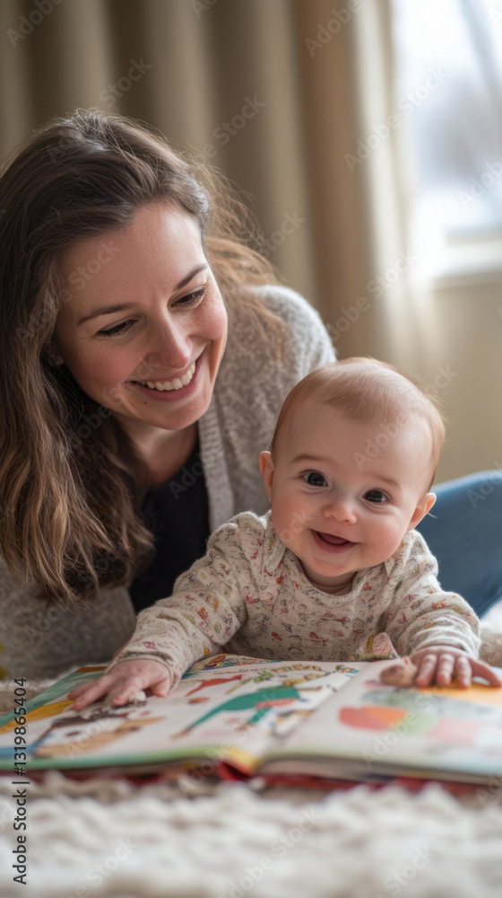 Mother and baby enjoying playful reading time together indoors Mother and baby enjoying playful reading time together indoors
