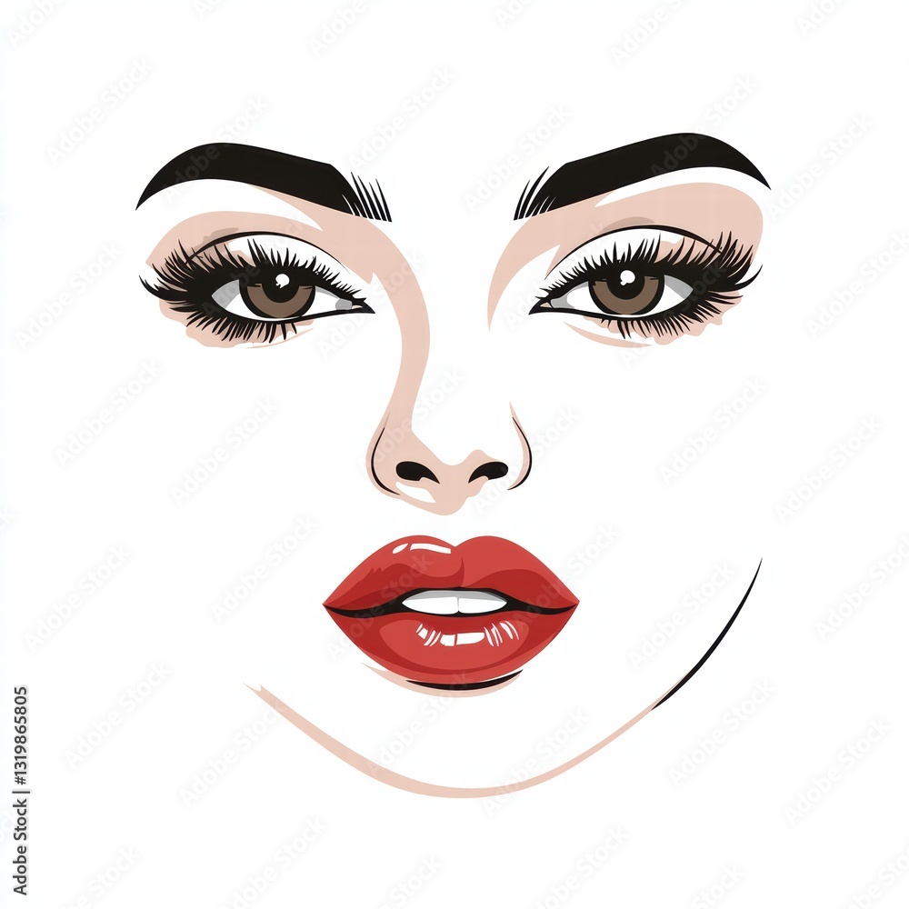 Glamorous Face Sketch: An artistic illustration of a beautiful woman's face, featuring striking eyes with long eyelashes, bold eyebrows, and vibrant red lips. Glamorous Face Sketch: An artistic illustration of a beautiful woman's face, featuring striking eyes with long eyelashes, bold eyebrows, and vibrant red lips.