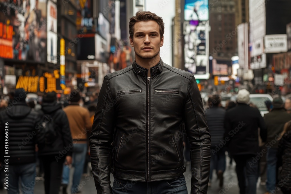Stylish man in a leather jacket stands confidently in the bustling streets of Times Square Stylish man in a leather jacket stands confidently in the bustling streets of Times Square