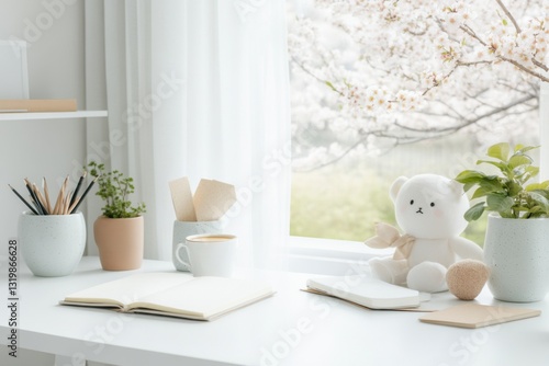 Bright and airy workspace with greenery, a warm cup of coffee, and blossoming tree view enchanting creativity photo