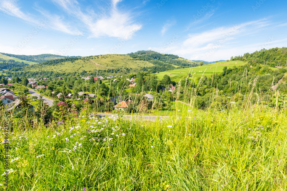 mountainous countryside landscape of ukraine in summer. beautiful view. scenery with grassy rural field and forest on the hill. village in the valley. clouds on blue afternoon sky. vacation season
