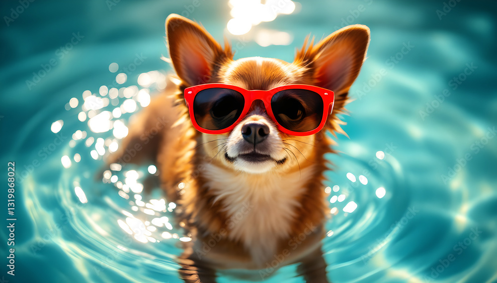 Cute funny chihuahua dog wearing in red sunglasses floating in swimming pool. Happy pet swim in ocean or sea. Animals play in splashing water. Travel, tropical vacation, summer holiday concept Cute funny chihuahua dog wearing in red sunglasses floating in swimming pool. Happy pet swim in ocean or sea. Animals play in splashing water. Travel, tropical vacation, summer holiday concept