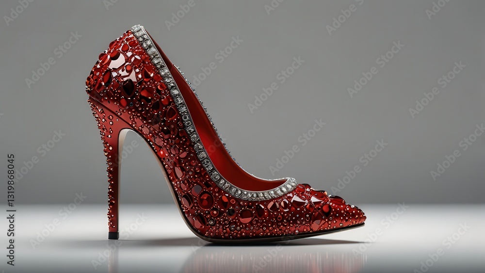 Obraz premium Ruby Red Jeweled High Heels Pumps, Slippers Sparking with Sequins and Gems, Gray Background