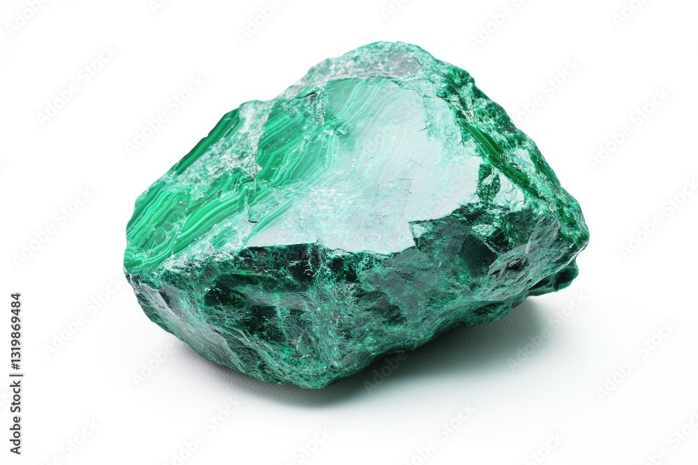 Shimmering Malachite Gemstone on Pristine White Surface - Studio Capture of Nature's Beauty Shimmering Malachite Gemstone on Pristine White Surface - Studio Capture of Nature's Beauty