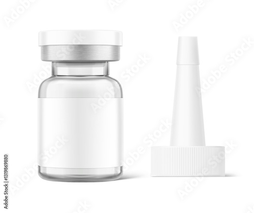 Clear glass ampoule with applicator mockup for cosmetology products. Vector illustration isolated on white background. Can be use for pharmacy cosmetic and other. Ready for your design. EPS10.