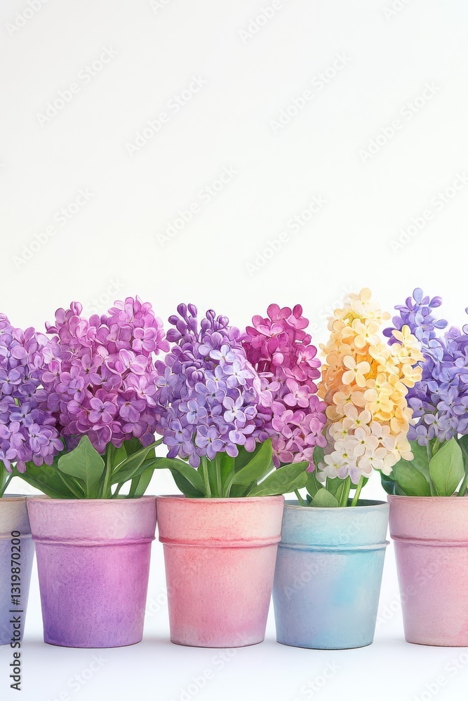 Fototapeta premium Dreamy watercolor illustration of lively flowers in pots