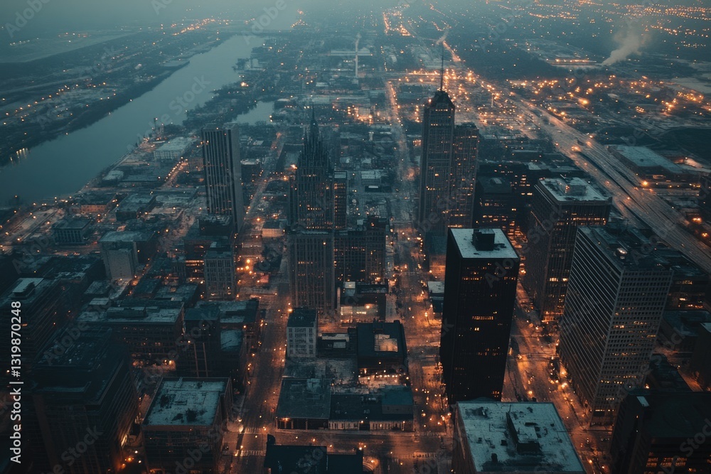 Naklejka premium Twilight Aerial Perspective of Downtown Detroit: A Stunning Overhead View of Michigan's Urban Landscape