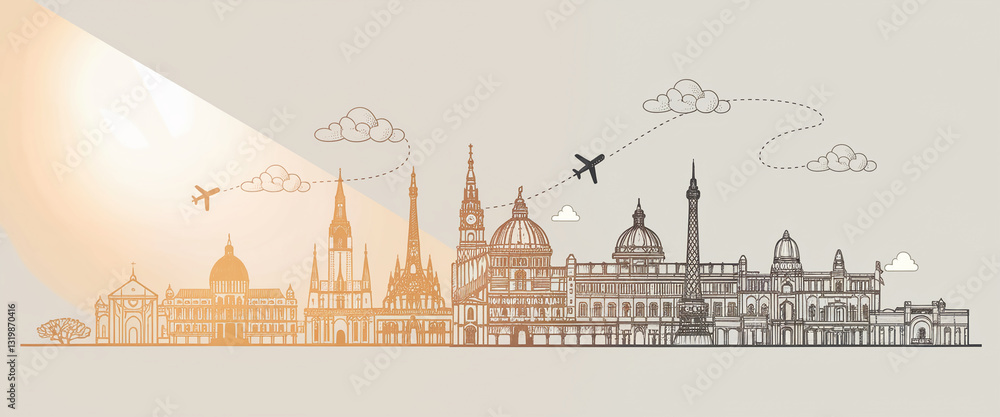 Sketch of famous world landmarks, connected by airplane flight path, symbolizing global travel and adventure, showcasing destinations and exploration Sketch of famous world landmarks, connected by airplane flight path, symbolizing global travel and adventure, showcasing destinations and exploration