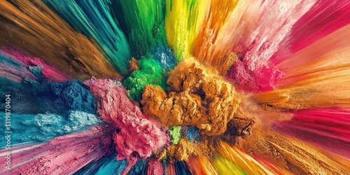 A vibrant, abstract image depicts a colorful explosion of powder pigments, radiating outwards in a dynamic, energetic burst of color.