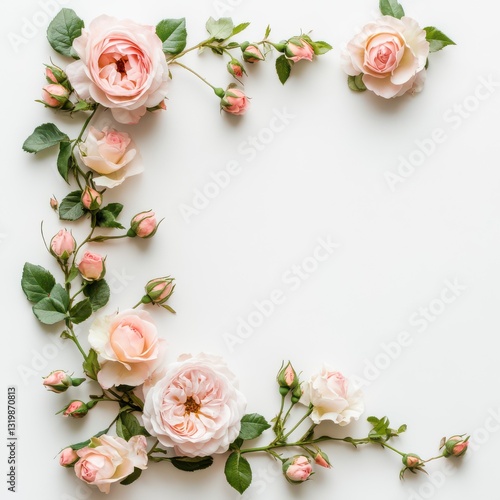 Corner frame design with roses on a white background