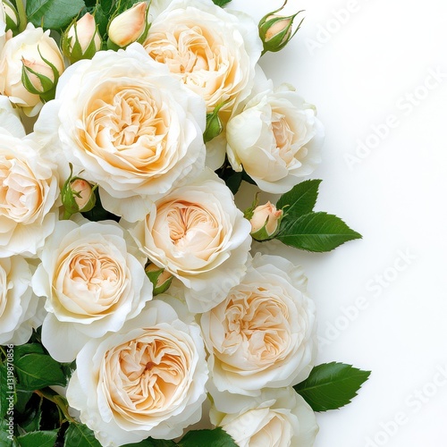 Elegant corner frame of roses on a soft white background