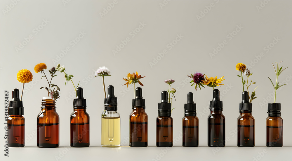Row of Amber Glass Bottles Displaying Assorted Flowers and Herbal Remedies on Neutral Background in Studio Lighting