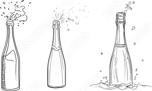 A continuous line drawing of a champagne bottle, featuring the splash of opening in a line art style, symbolizing festive occasions and success, offered as a image on a clear background