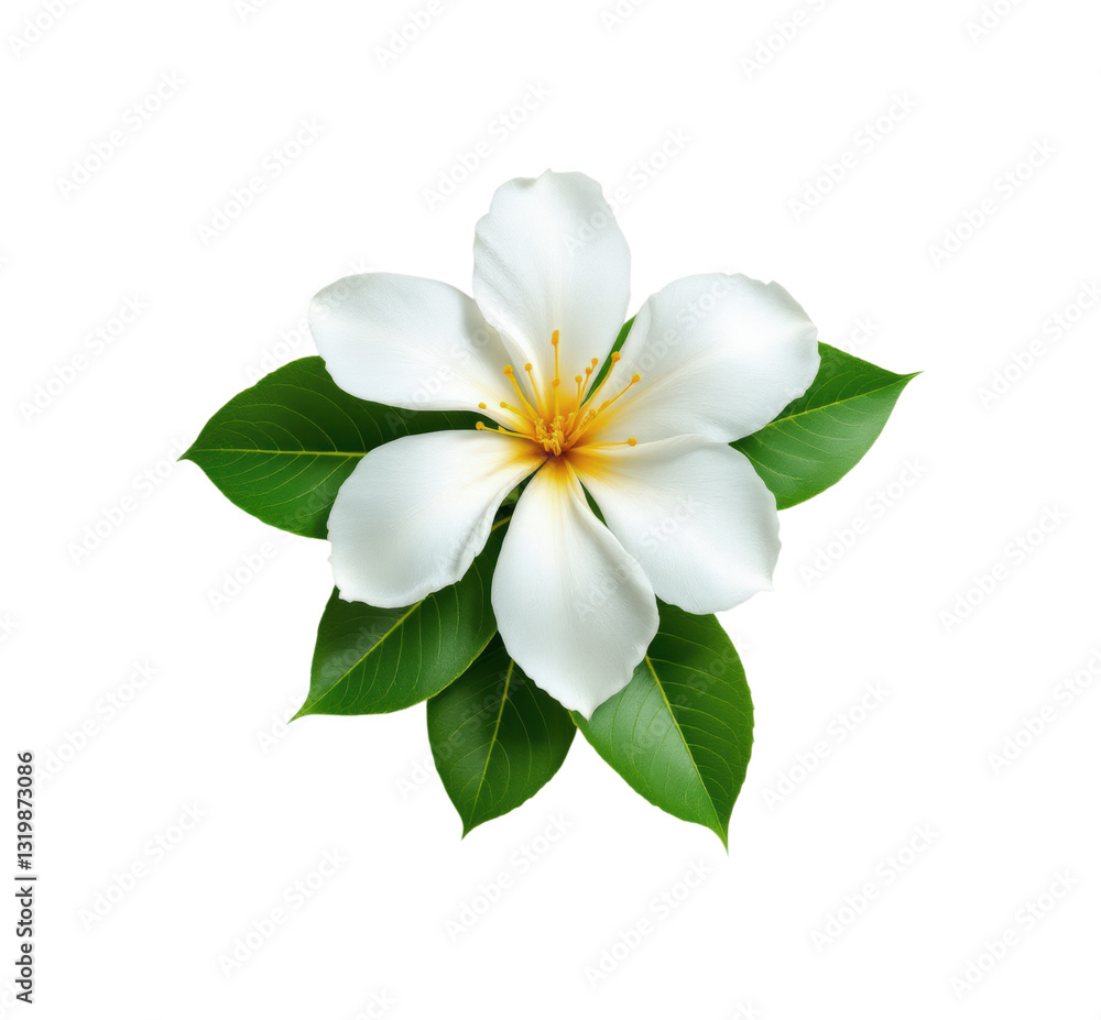 Obraz premium Beautiful Tropical White Plumeria Frangipani Flower with Yellow Center and Fresh Green Leaves in Full Bloom Isolated on Transparent and White Background