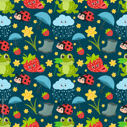 Spring seamless pattern with different spring illustrations including umbrella, strawberry, daffodil, frog and more . . .