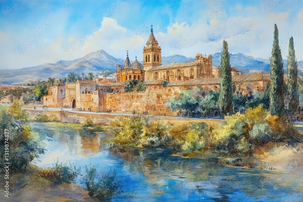 Majestic Mezquita Cathedral: A Cultural Gem in Cordoba, Spain Overlooking the Serene River Majestic Mezquita Cathedral: A Cultural Gem in Cordoba, Spain Overlooking the Serene River