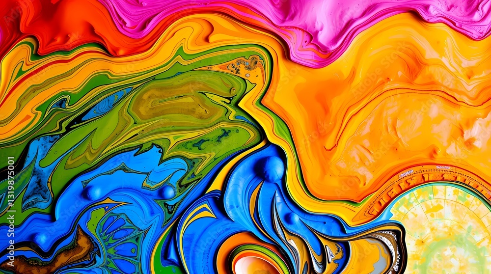 Fototapeta premium Chromatic Cascade: A vibrant and dynamic abstract artwork showcasing a mesmerizing swirl of vivid colors in a photorealistic close-up.