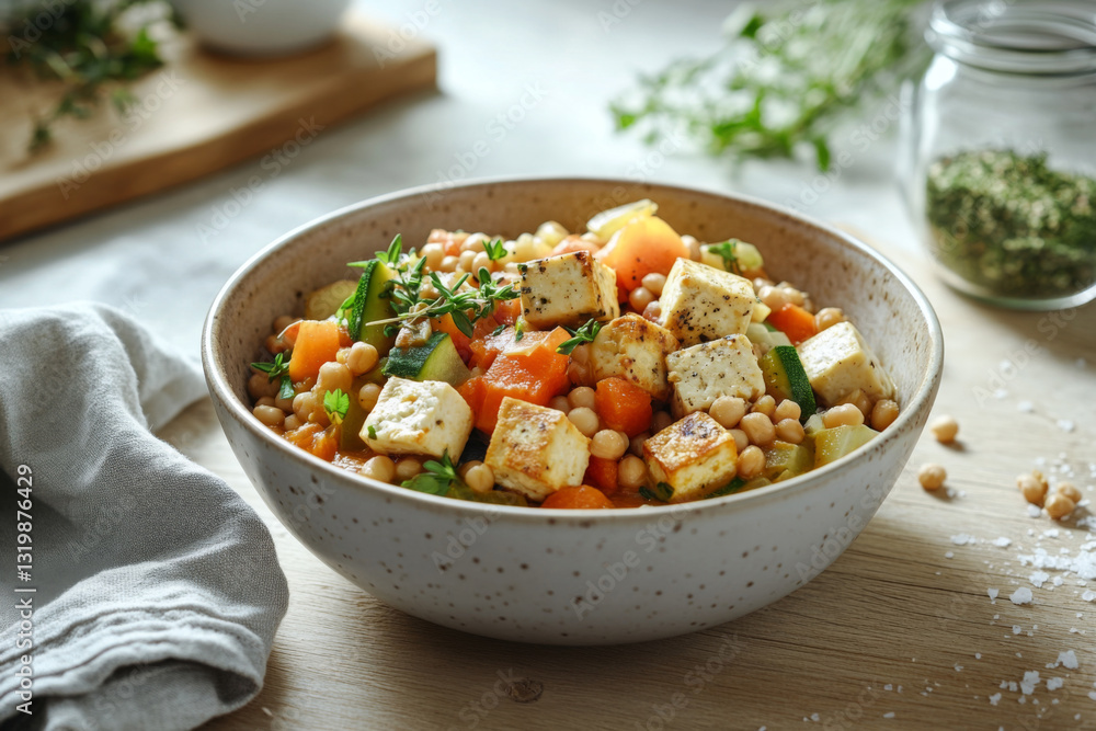 A plant-based stew in a ceramic bowl with chickpeas, lentils, tofu, and roasted vegetables, set on a rustic wooden table A plant-based stew in a ceramic bowl with chickpeas, lentils, tofu, and roasted vegetables, set on a rustic wooden table