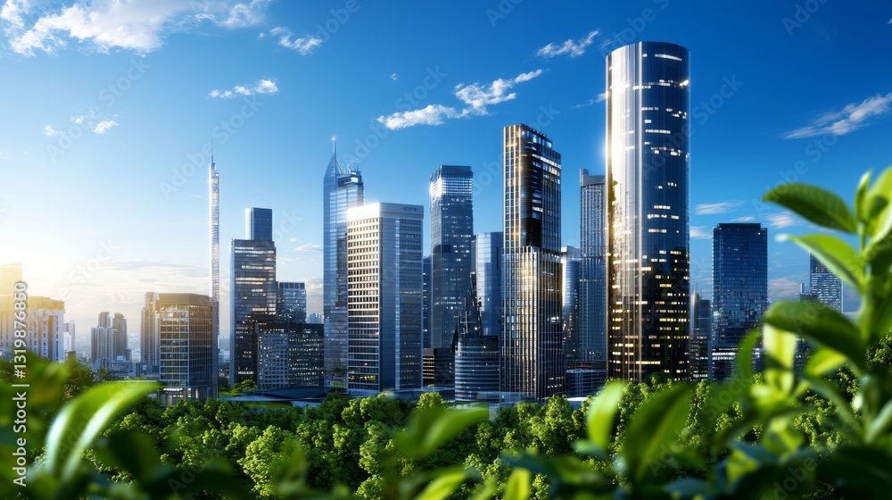 Obraz premium Modern Urban Skyline with Lush Greenery and Blue Sky