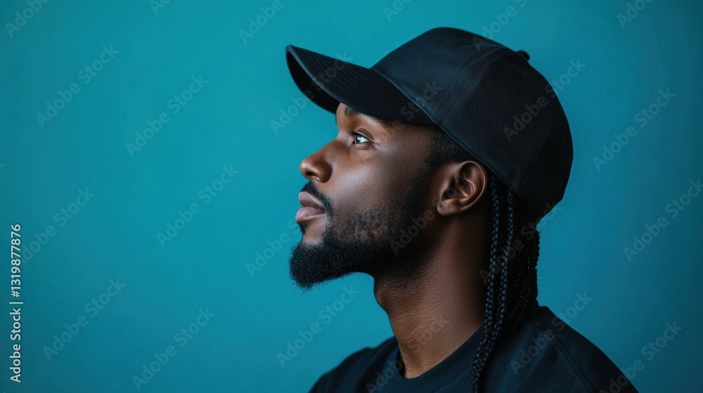 Stylish male model with braids and cap, wearing an earring. Close-up portrait. Space for text. Stylish male model with braids and cap, wearing an earring. Close-up portrait. Space for text.