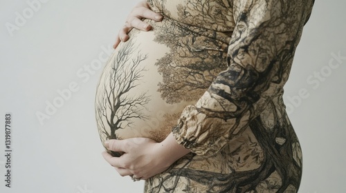 Artistic representation of pregnant belly adorned with a tree of life design highlighting growth and balance in nature photo