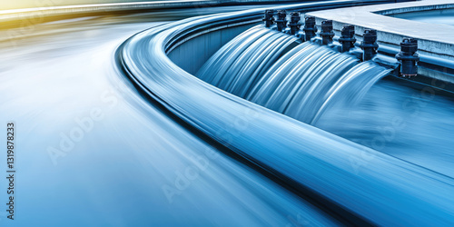 Modern Water treatment plant, wastewater flowing into basin. Green technologies in industry.