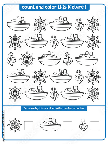 Kids worksheet: Ship and Submarine theme I spy game for kids. Searching, counting and coloring activity. Printable worksheet for preschool children