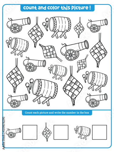Kids worksheet: Ramadan themed I spy game for kids. Searching, counting and coloring activity. Printable worksheet for preschool children