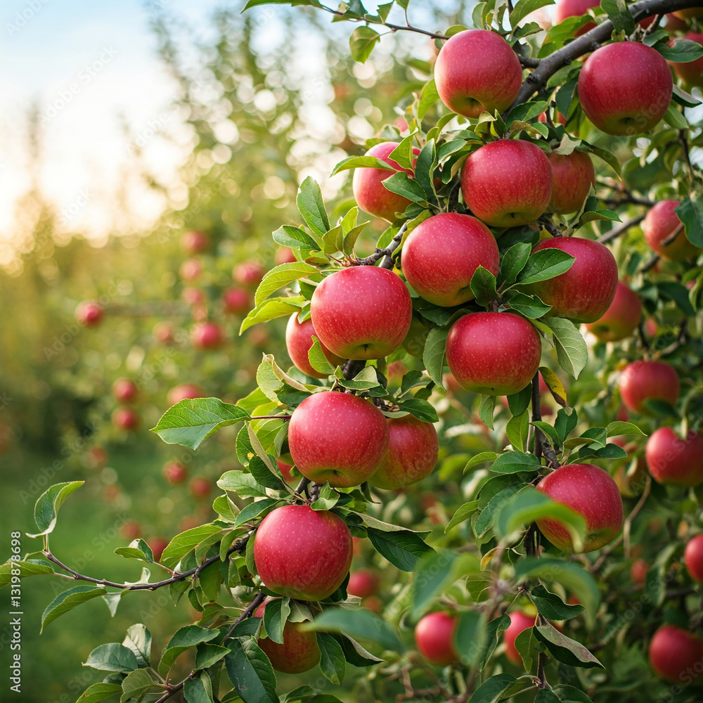 A lush apple tree filled with ripe, red apples hanging from its branches, surrounded by vibrant green leaves. Sunlight filters through the foliage, casting a warm glow on the fruit. A natural orchard A lush apple tree filled with ripe, red apples hanging from its branches, surrounded by vibrant green leaves. Sunlight filters through the foliage, casting a warm glow on the fruit. A natural orchard