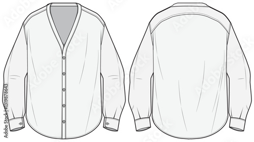 Cardigan Shirt Fashion Flat Sketch Vector Illustration, CAD, Technical Drawing, Flat Drawing, Template, Mockup.