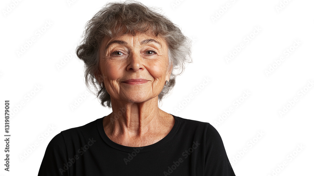 Portrait of stylish old woman in black t-shirt with smiling on face, isolated on transparent background. Portrait of stylish old woman in black t-shirt with smiling on face, isolated on transparent background.