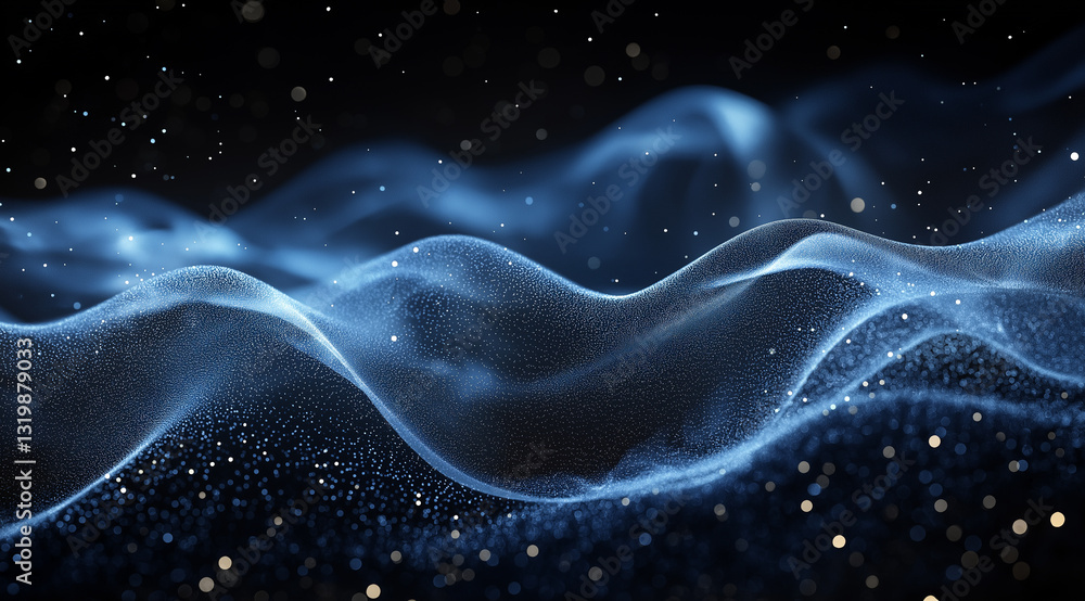 Abstract wavy pattern of blue particles flowing in motion, floating in a dark space creating a mesmerizing dynamic futuristic scene. Abstract wavy pattern of blue particles flowing in motion, floating in a dark space creating a mesmerizing dynamic futuristic scene.