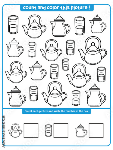 Kids worksheet: Ramadan themed I spy game for kids. Searching, counting and coloring activity. Printable worksheet for preschool children