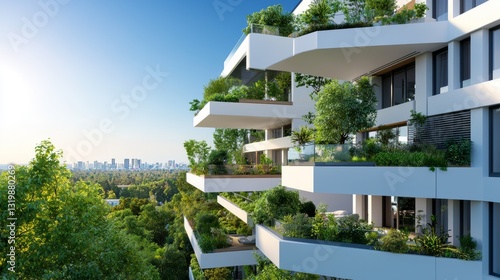Modern Eco-Friendly Architecture with Green Balconies and Urban View
