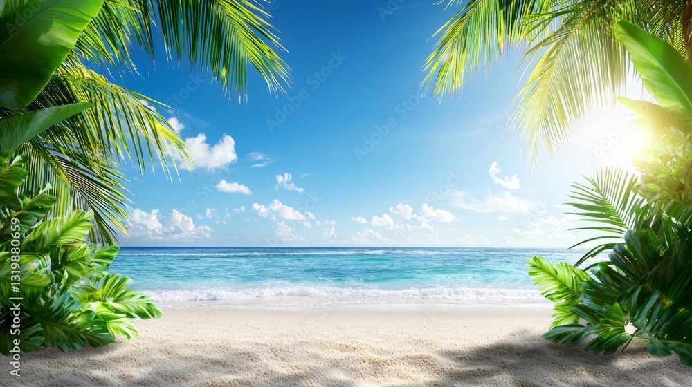 Obraz premium Serene Tropical Beach with Lush Palm Leaves and Clear Blue Sky