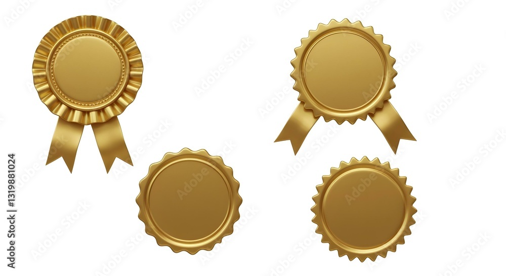 Four golden seals on a white background, the first one has a ruffled edge and a ribbon tied at the bottom Four golden seals on a white background, the first one has a ruffled edge and a ribbon tied at the bottom
