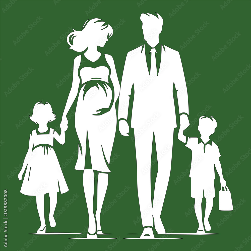 A serene family silhouette featuring a pregnant woman, her partner, and their little one holding hands, symbolizing unity.