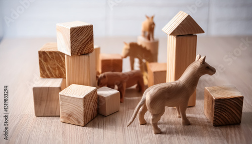 積まれたウッドキューブ、動物、木彫り、積み木、おもちゃ、子供、教育、知育、四角、立方体、三角、素材